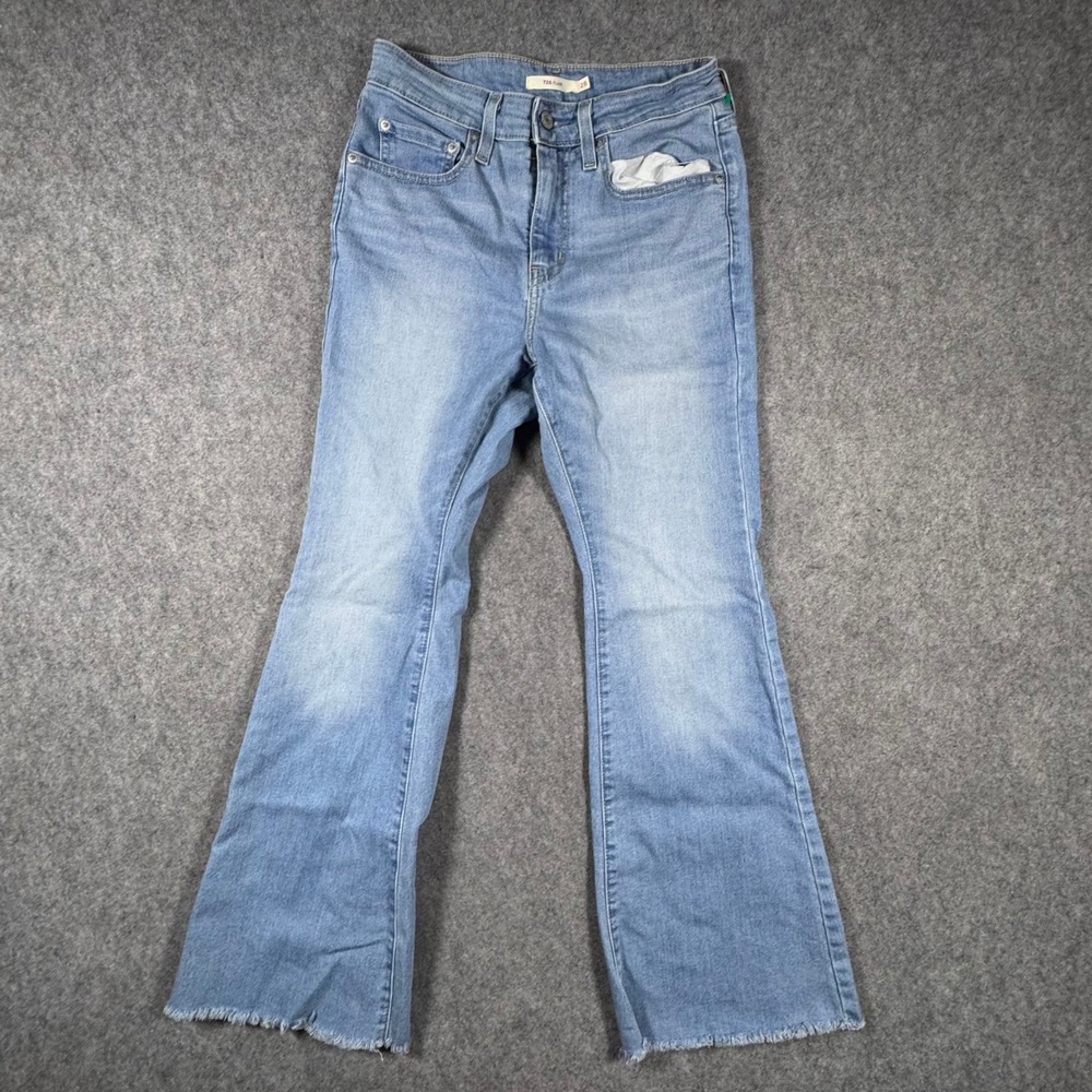 Levis 726 High Rise Flare Jeans Light Wash Raw Hem Blue Womens 28 (Fits 26x26)